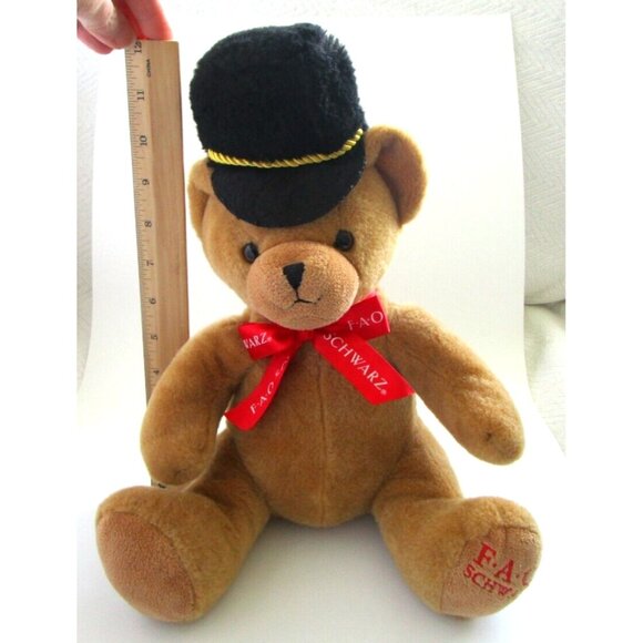 F.A.O. Schwarz Plush Stuffed Brown Sitting Teddy Bear Ribbon Black Hat Red Logo - Picture 13 of 13
